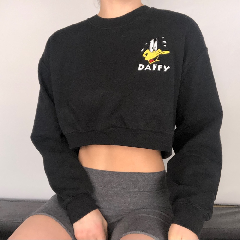 Looney Tunes Embroidered Daffy Crop Crew Neck Sweater